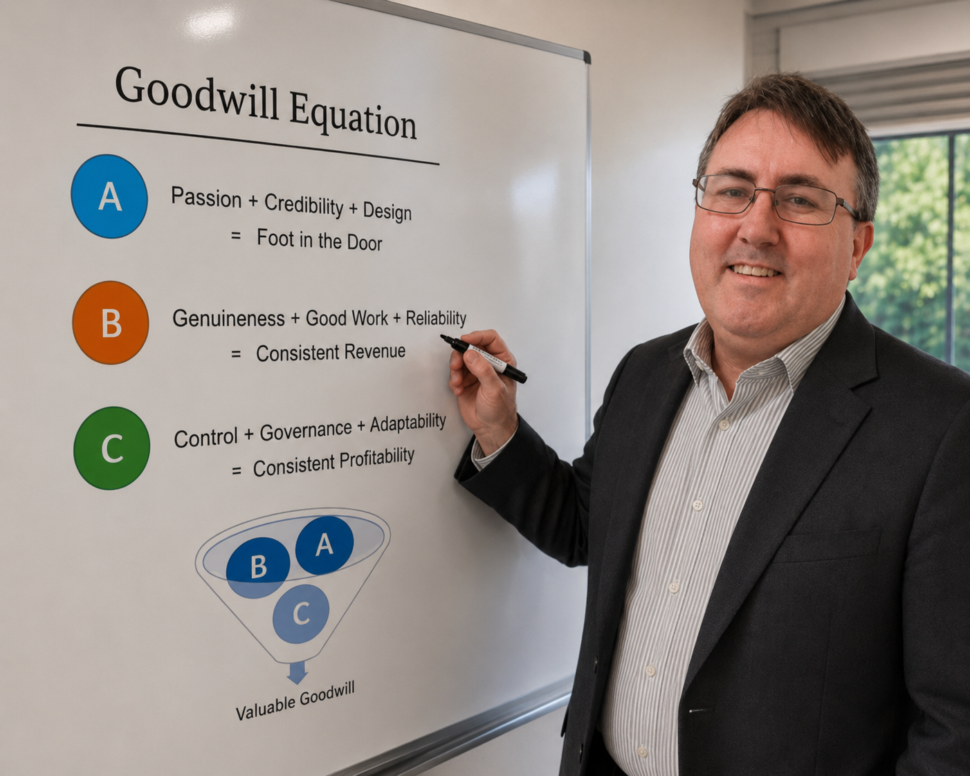 Greg Harrison at a whiteboard explaining the Goodwill Equation